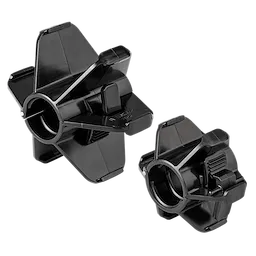 Image of two black, star-shaped plastic attachments known as Barrel Skids for M12™ 85’ High Flex Compact Inspection Camera. Each skid has a central circular opening and multiple fin-like protrusions for stabilization.