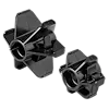 Image of two black, star-shaped plastic attachments known as Barrel Skids for M12™ 85’ High Flex Compact Inspection Camera. Each skid has a central circular opening and multiple fin-like protrusions for stabilization.