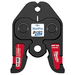 Black and red 3/8 inch ZoomLock MAX Press Jaw for M18 FORCE LOGIC Press Tools, labeled for use with MaxiPro ACR-MAX fitting systems.