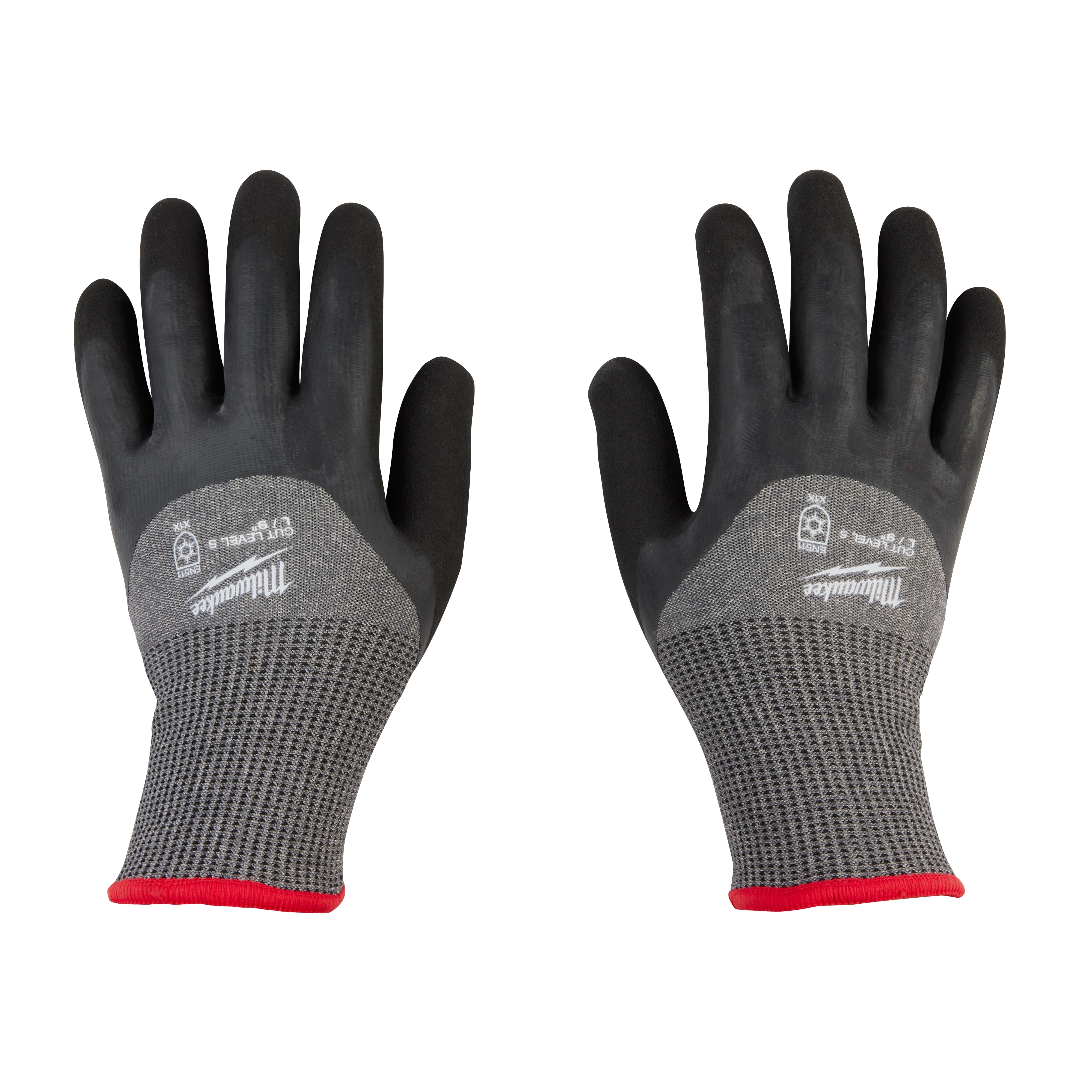 Cut Level 5 Winter Dipped Gloves, black and gray, with textured grip, red trim, and branding on the back of the hand.
