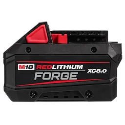 M18 REDLITHIUM FORGE XC8.0 Battery Pack, black and red, showing side view with labeled specifications and connection points.