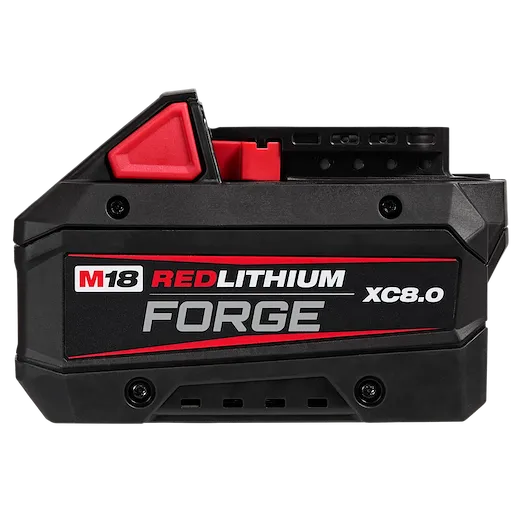 M18 REDLITHIUM FORGE XC8.0 Battery Pack, black and red, showing side view with labeled specifications and connection points.