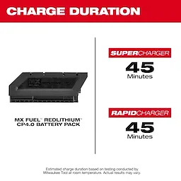 MX FUEL REDLITHIUM CP4.0 Battery Pack shown with 45-minute charge duration for super and rapid chargers.