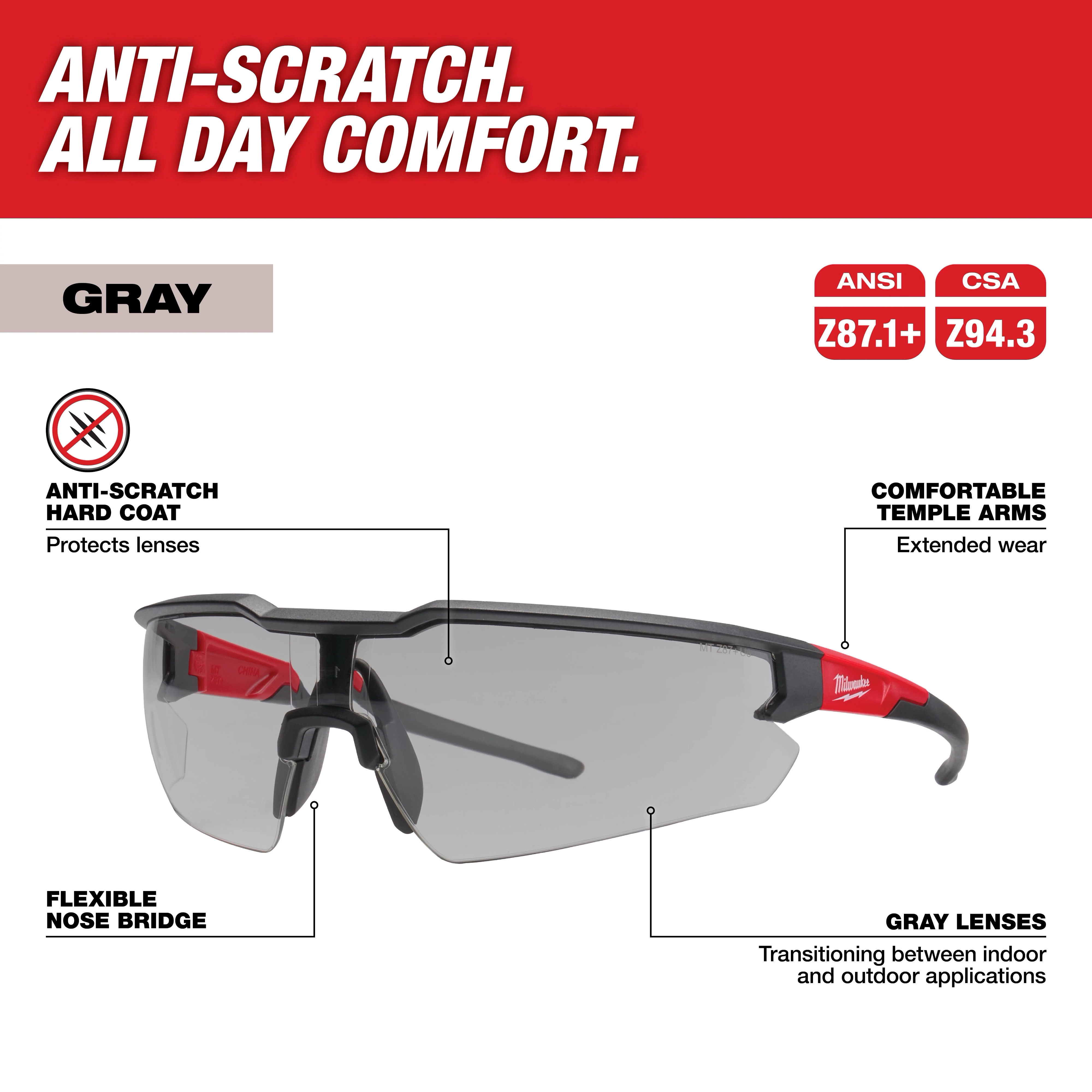 Safety Glasses - Anti-Scratch Lenses (Gray) Walkaround featuring anti-scratch hard coat, flexible nose bridge, and comfortable temple arms.