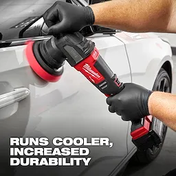 Person polishing a car with a cordless polisher using a 5" Foam Light Cutting / Polishing Pad 2PK. Text reads "Runs cooler, increased durability."