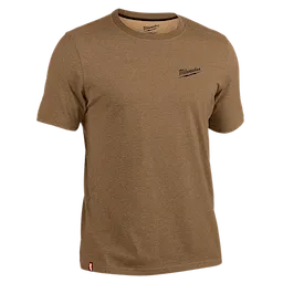 The FREEFLEX™ Hybrid Work Tee - Short Sleeve is a brown, short-sleeve T-shirt with a small Milwaukee logo on the left chest. Made for work environments, it features a classic crew neck and durable construction.