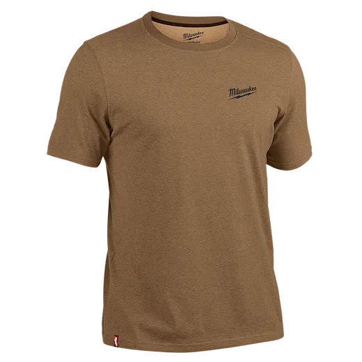 The FREEFLEX™ Hybrid Work Tee - Short Sleeve is a brown, short-sleeve T-shirt with a small Milwaukee logo on the left chest. Made for work environments, it features a classic crew neck and durable construction.