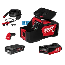 Milwaukee MX FUEL™ Electrofusion Processor with a bold red and black color scheme. Includes cables, connectors, red hand tool, two batteries, and a rapid charger. Device has digital display and control buttons. Wi-Fi symbol indicates connectivity features.