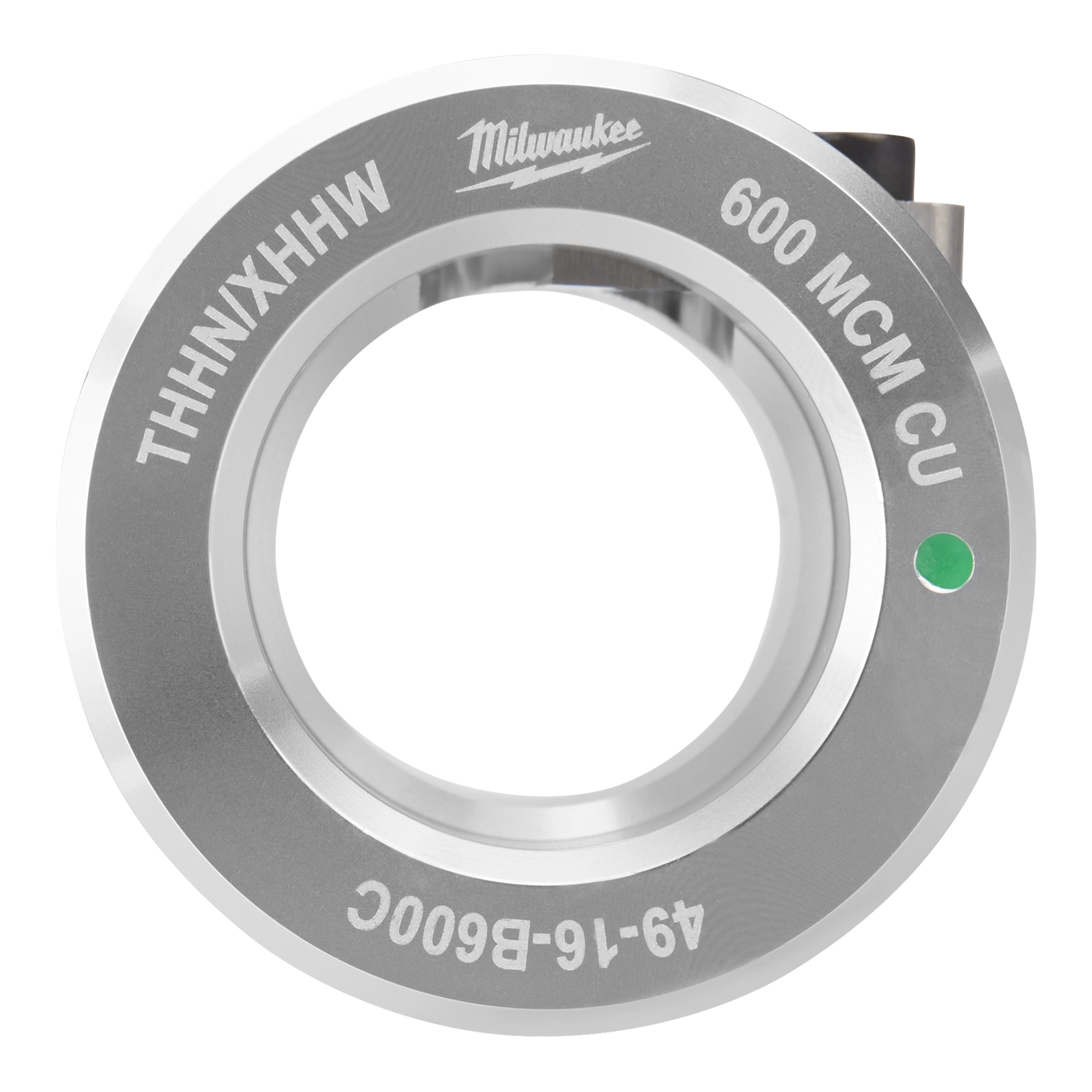 Milwaukee 600 MCM CU cable cutter die, labeled with "THHN/XHHW" and "49-16-B600C" for web use only. Circular metal component.