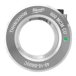 Milwaukee 600 MCM CU cable cutter die, labeled with "THHN/XHHW" and "49-16-B600C" for web use only. Circular metal component.