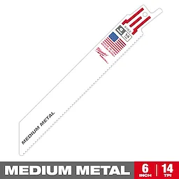 Milwaukee's 6-inch, 14 TPI reciprocating saw blade for medium metal. The white blade features an American flag, product specifications, and "Made in USA" printed near the shank. Blade tip narrows slightly, and "MEDIUM METAL" is displayed in gray lettering. Suitable for cutting medium metal materials.