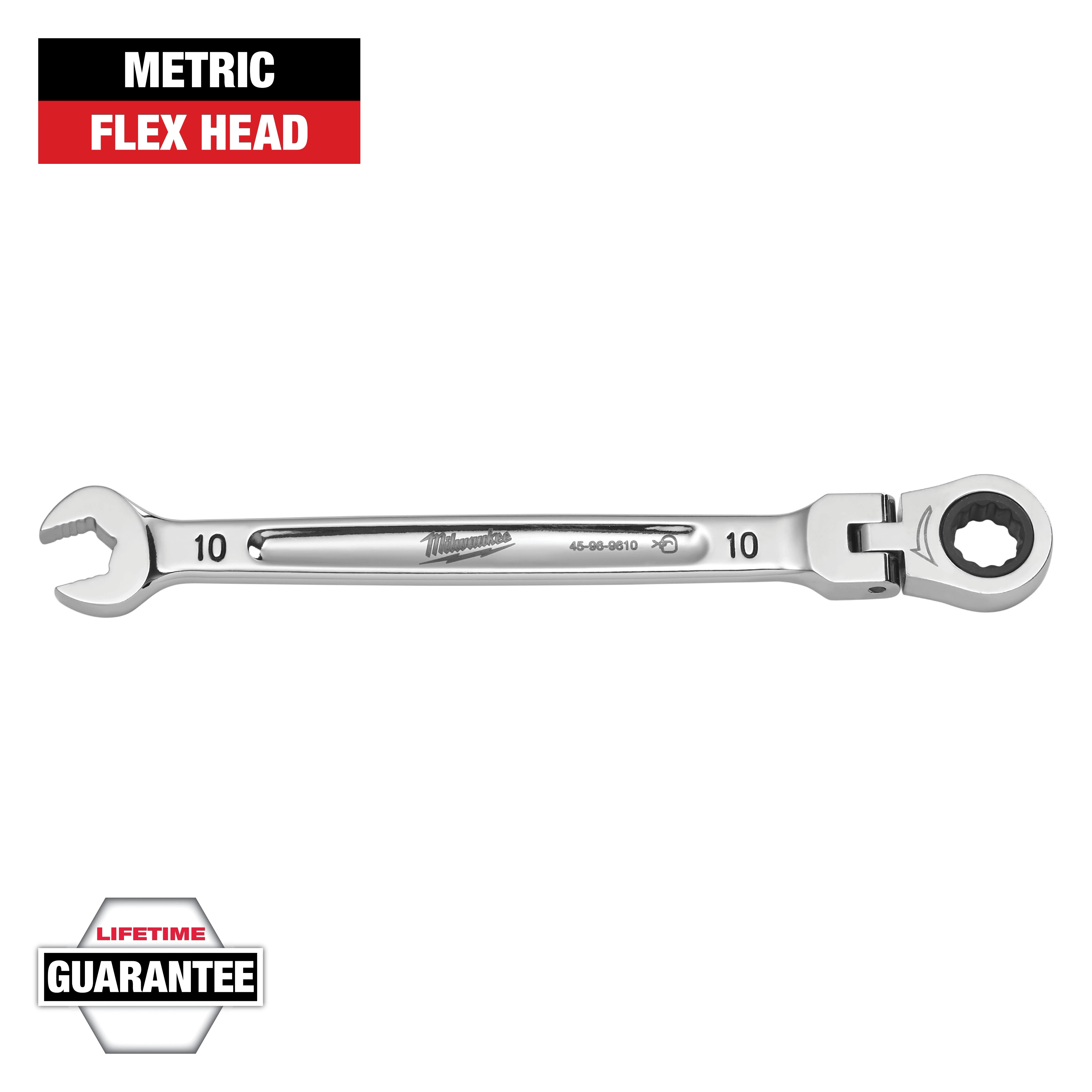 The image shows a Milwaukee 10mm metric flex head ratcheting wrench with a lifetime guarantee. The wrench features an open-end on one side and a flexible ratcheting head on the other.