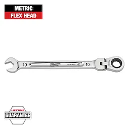 The image shows a Milwaukee 10mm metric flex head ratcheting wrench with a lifetime guarantee. The wrench features an open-end on one side and a flexible ratcheting head on the other.