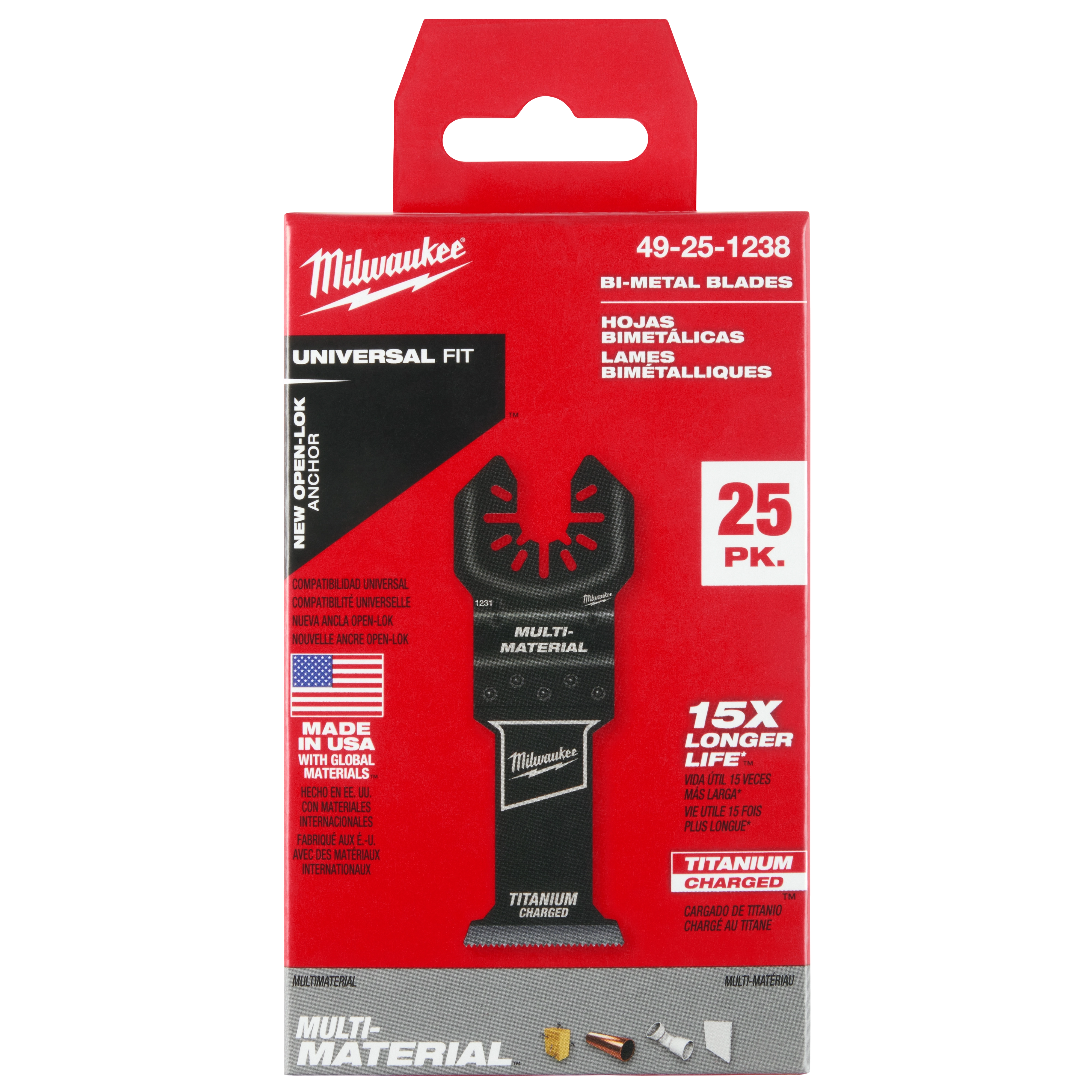 Milwaukee Open-Lok 1-3/8" Titanium Charged Bi-Metal Multi-Material Multi-Tool Blades 25PK in red packaging with product details.
