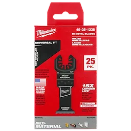 Milwaukee Open-Lok 1-3/8" Titanium Charged Bi-Metal Multi-Material Multi-Tool Blades 25PK in red packaging with product details.
