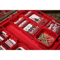 The image shows the SHOCKWAVE™ Impact Duty™ Driver Bit Set - 54PC, neatly organized in a red plastic case. The set includes various drill bits, including Phillips, slotted, and hex bits, along with several long screws housed in a separate compartment within the case.