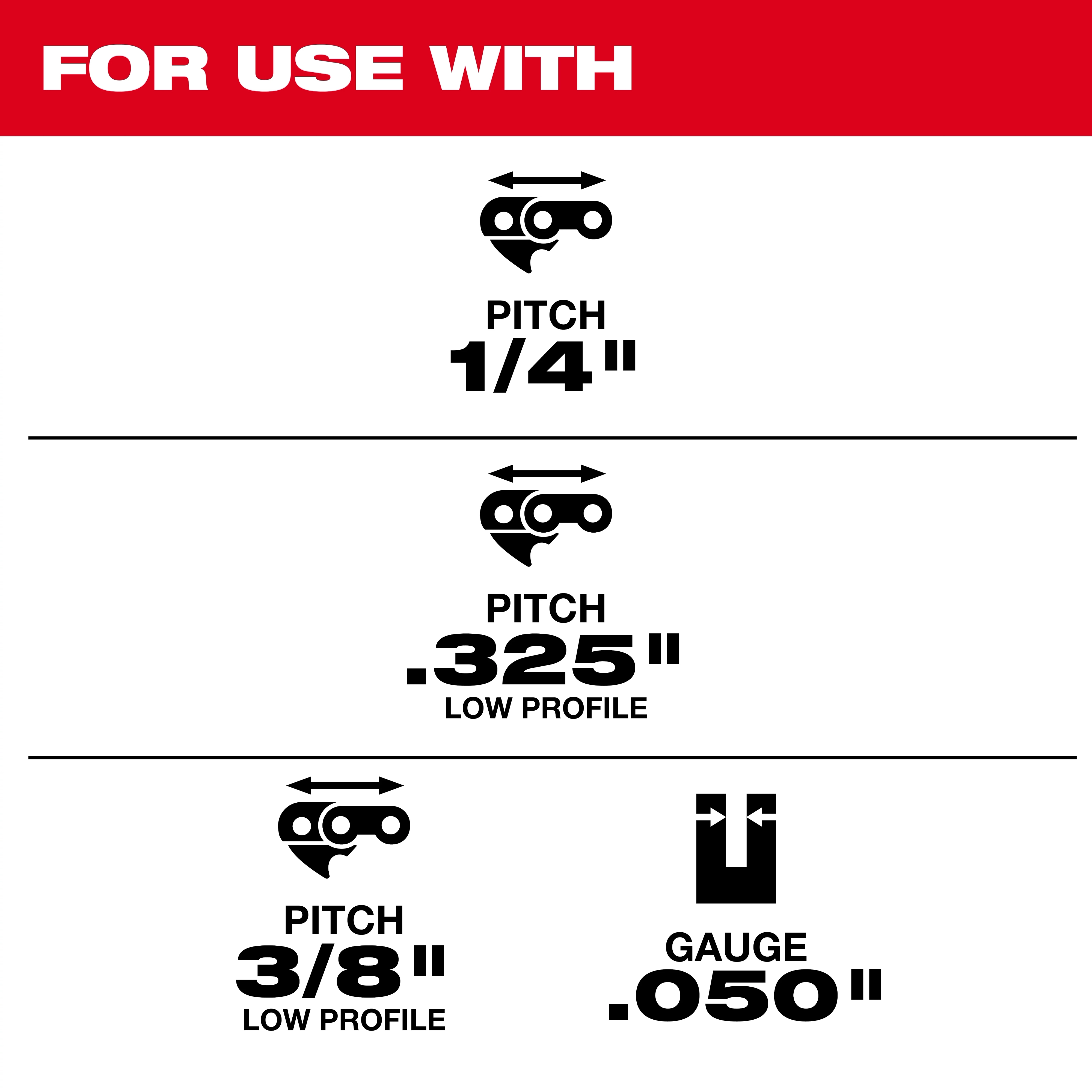 The image shows compatibility details for a 5/32” Round File for Saw Chain 6 PK. It works with saw chains having 1/4" pitch, .325" pitch low profile, 3/8" pitch low profile, and a gauge of .050". Each pitch type is illustrated with a chain symbol.