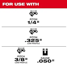 The image shows compatibility details for a 5/32” Round File for Saw Chain 6 PK. It works with saw chains having 1/4" pitch, .325" pitch low profile, 3/8" pitch low profile, and a gauge of .050". Each pitch type is illustrated with a chain symbol.