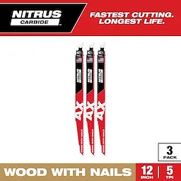 Three 12-inch 5 TPI AX w/Nitrus Carbide Teeth SAWZALL Blades for Wood with Nails are shown. Text reads "Fastest cutting. Longest life." and "3 Pack."