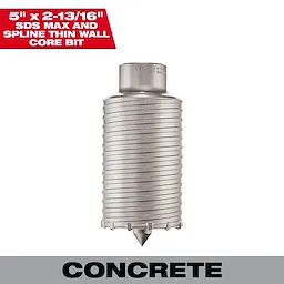 SDS-MAX and SPLINE Thin Wall Carbide Tipped Core Bit 5" shown in metallic silver with ribbed body and pointed tip, suitable for concrete.