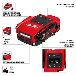 The M18™ HOTSHOT™ Jump Starter includes features like USB-C personal device charging, 500-lumen task light, custom clamp design, digital display with voltage readout, and a retracting handle. The product is red and black with Milwaukee branding and additional icons showing its impact and water and dust resistance.