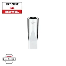 This image displays a Milwaukee 1/2" drive SAE deep well socket. It features a chrome finish and has a "Lifetime Guarantee" badge. The words “1/2" Drive,” “SAE,” and “Deep Well” are shown above the socket on a white and red background.