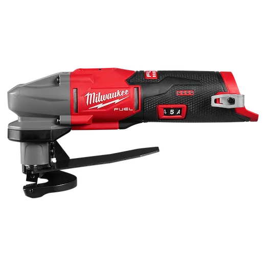M12 FUEL 16 Gauge Scroll Shear power tool with compact body and cutting head on a plain background.