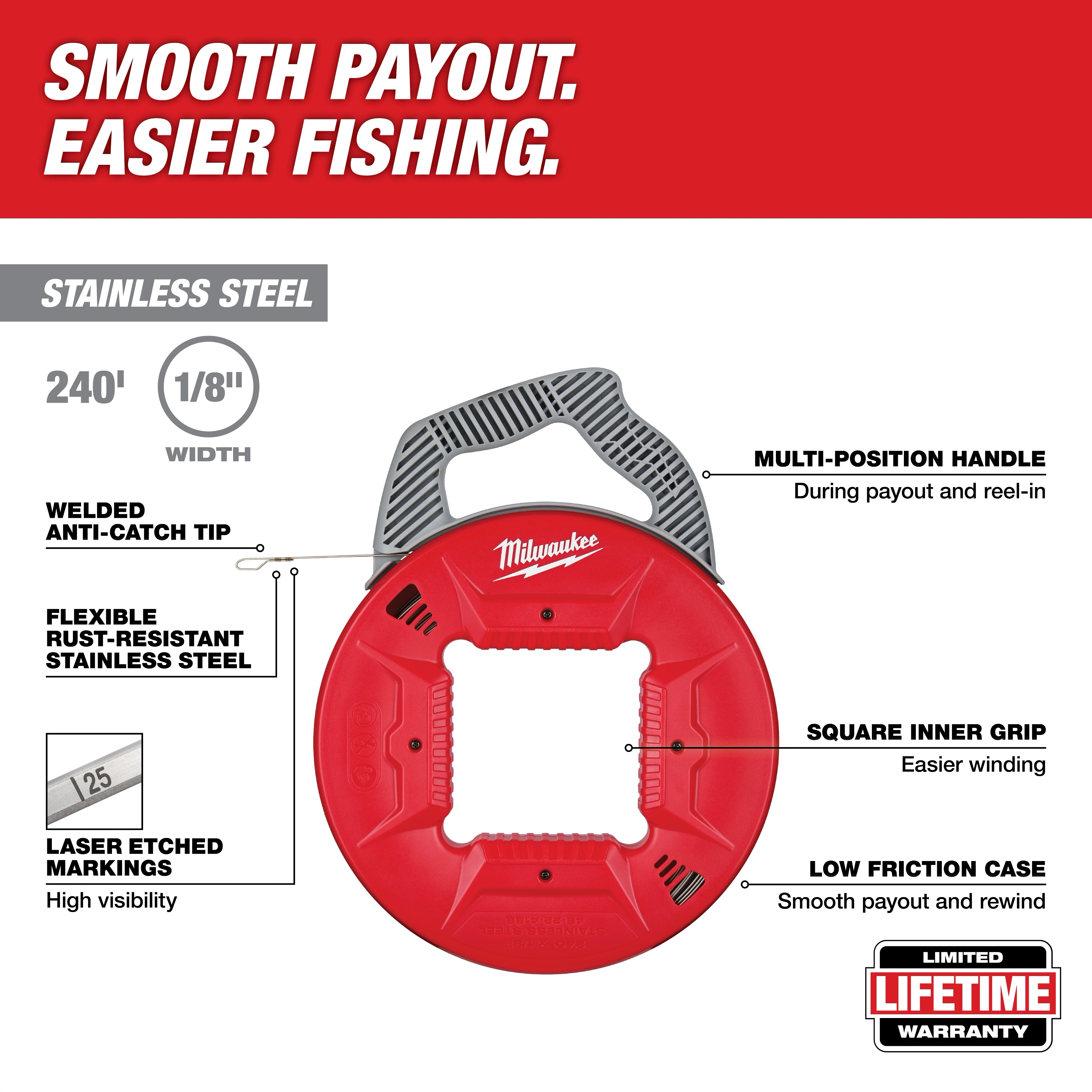 240' Stainless Steel Fish Tape features a multi-position handle, square inner grip, and low friction case for smooth payout and rewind.