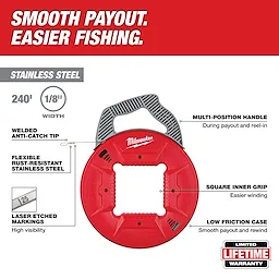 240' Stainless Steel Fish Tape features a multi-position handle, square inner grip, and low friction case for smooth payout and rewind.