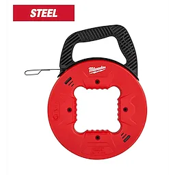1/8" 25' Steel Fish Tape with black handle and red circular case, featuring cutouts and branding on the front.