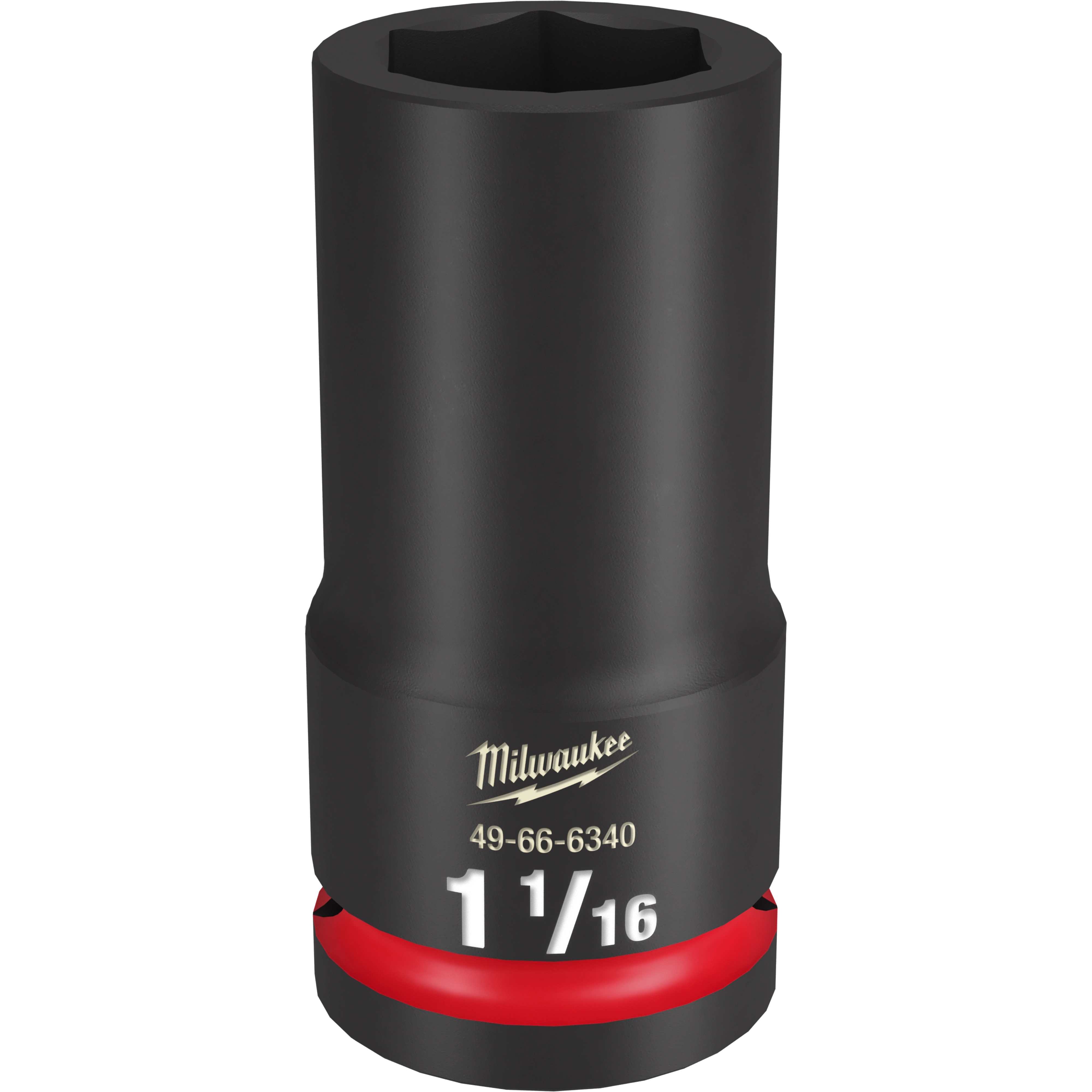 The 3/4 DR 1-1/16 Deep Impact Socket is a black, cylindrical metal socket with the size marking of 1-1/16 in white text and a manufacturer's logo. It features a red ring near the base for easy identification.
