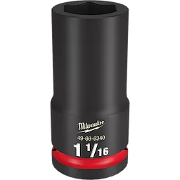 The 3/4 DR 1-1/16 Deep Impact Socket is a black, cylindrical metal socket with the size marking of 1-1/16 in white text and a manufacturer's logo. It features a red ring near the base for easy identification.