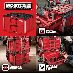 PACKOUT 2-Drawer Tool Box with impact-resistant body, 50 lbs capacity, and locking security bar. Modular storage system shown in use.