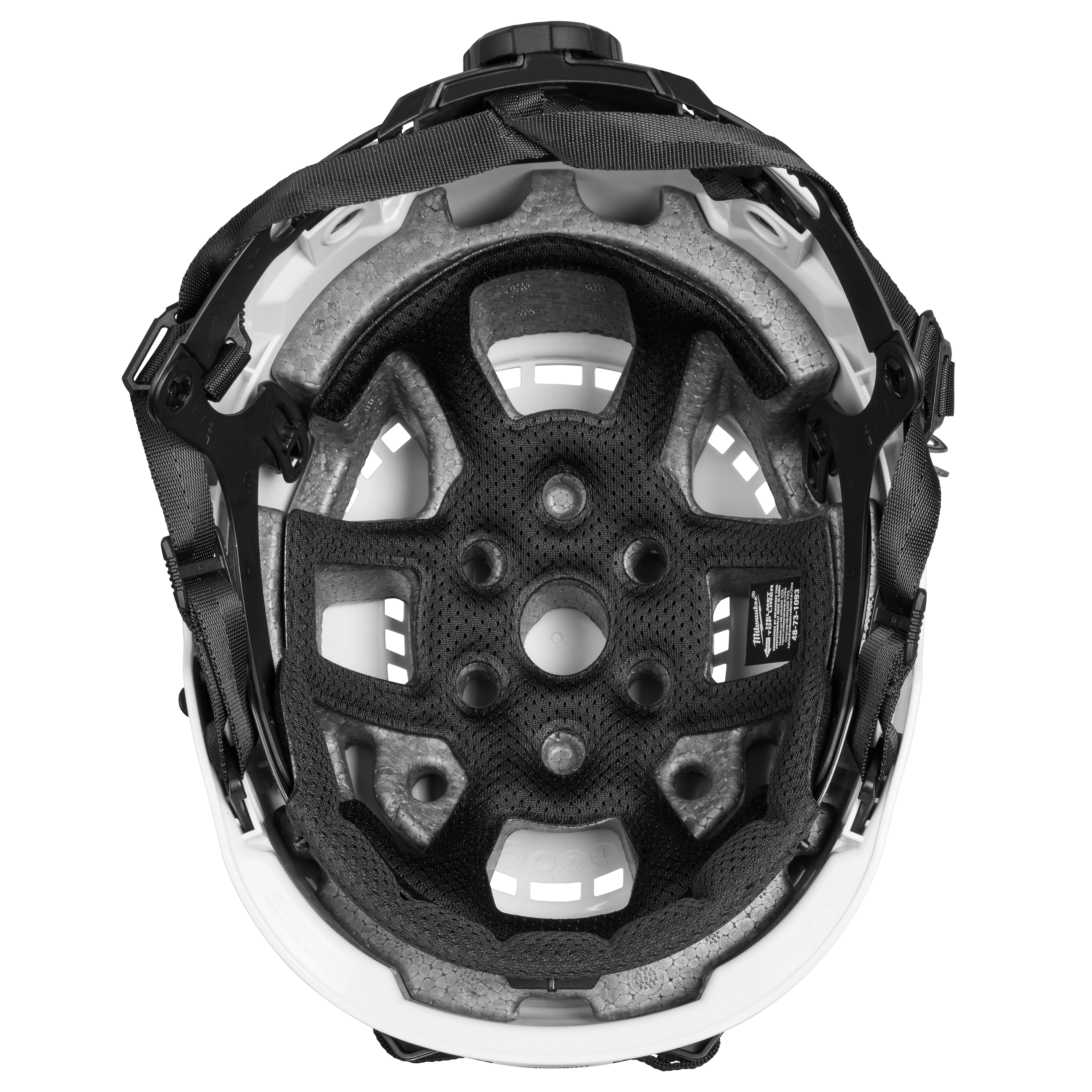 The image shows the interior view of a bicycle helmet, featuring black padding and a chin strap. The helmet also has ventilation holes and supportive foam. The labels and adjustments for fit are visible.