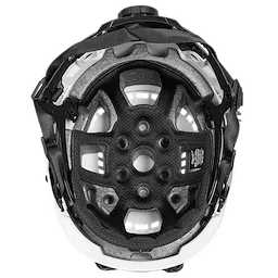 The image shows the interior view of a bicycle helmet, featuring black padding and a chin strap. The helmet also has ventilation holes and supportive foam. The labels and adjustments for fit are visible.