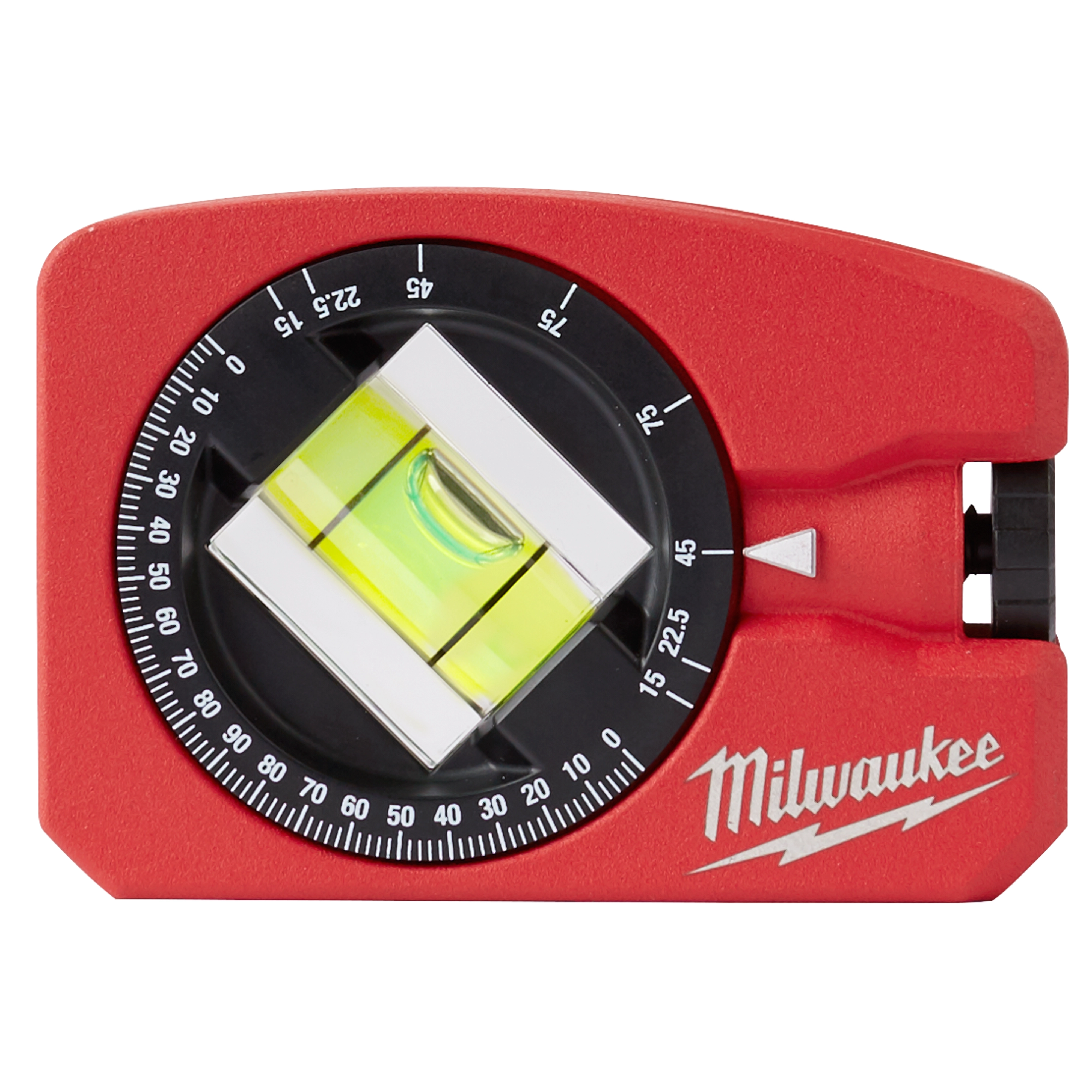 Milwaukee Pocket Level: A red, compact level tool featuring a circular measurement gauge and a horizontal bubble vial for precision leveling.