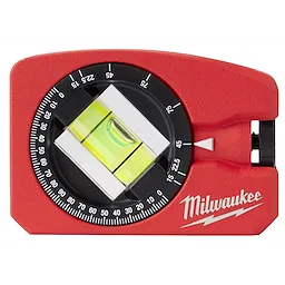Milwaukee Pocket Level: A red, compact level tool featuring a circular measurement gauge and a horizontal bubble vial for precision leveling.
