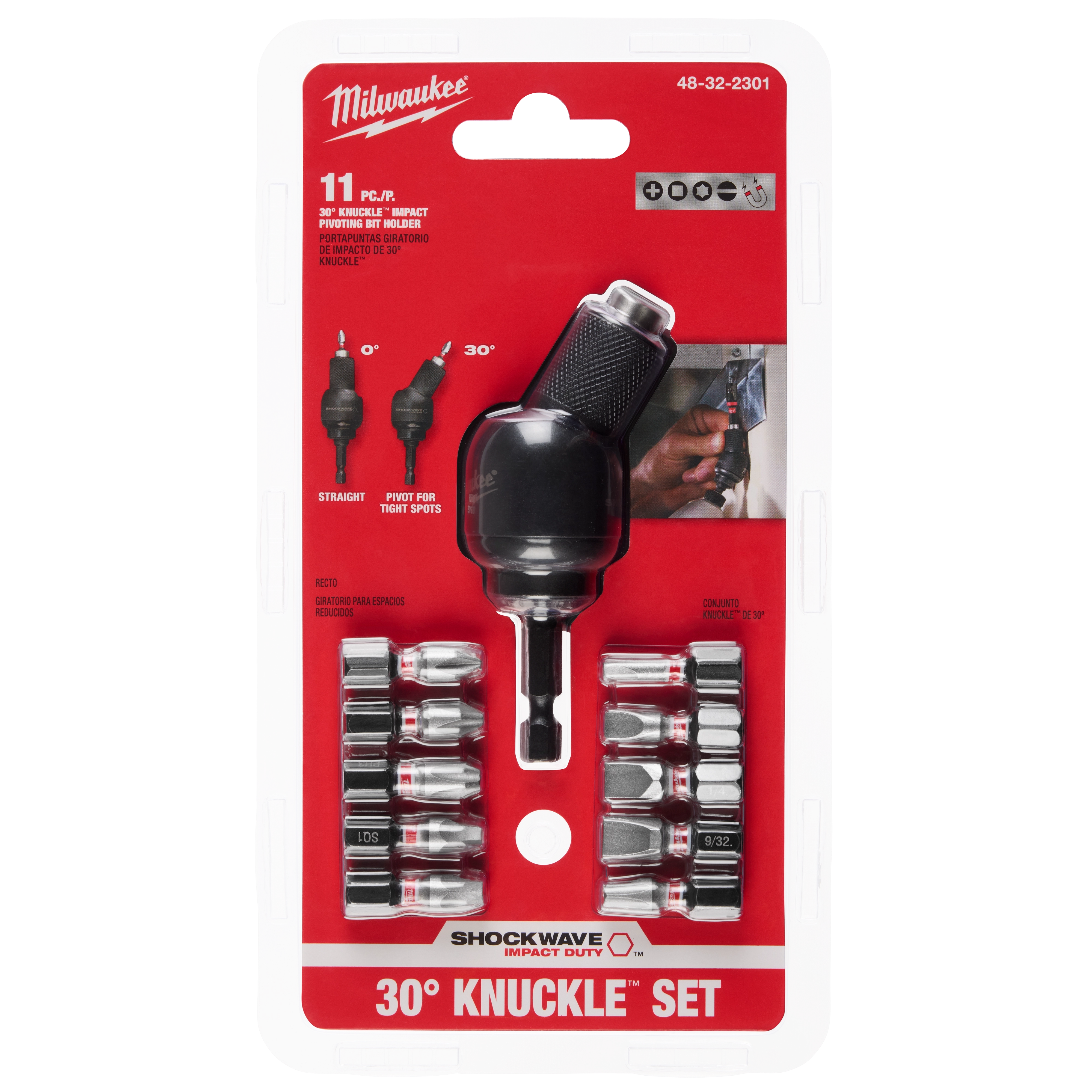 The image shows the SHOCKWAVE™ 30° KNUCKLE™ Pivoting Bit Holder - 11PC by Milwaukee. It includes a pivoting bit holder and ten drill bits in a plastic packaging, designed for impact duties and ideal for tight spots, as displayed on the red and white label.
