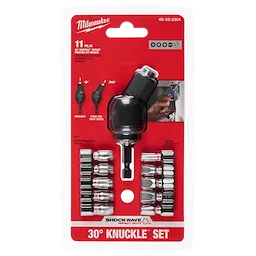 The image shows the SHOCKWAVE™ 30° KNUCKLE™ Pivoting Bit Holder - 11PC by Milwaukee. It includes a pivoting bit holder and ten drill bits in a plastic packaging, designed for impact duties and ideal for tight spots, as displayed on the red and white label.