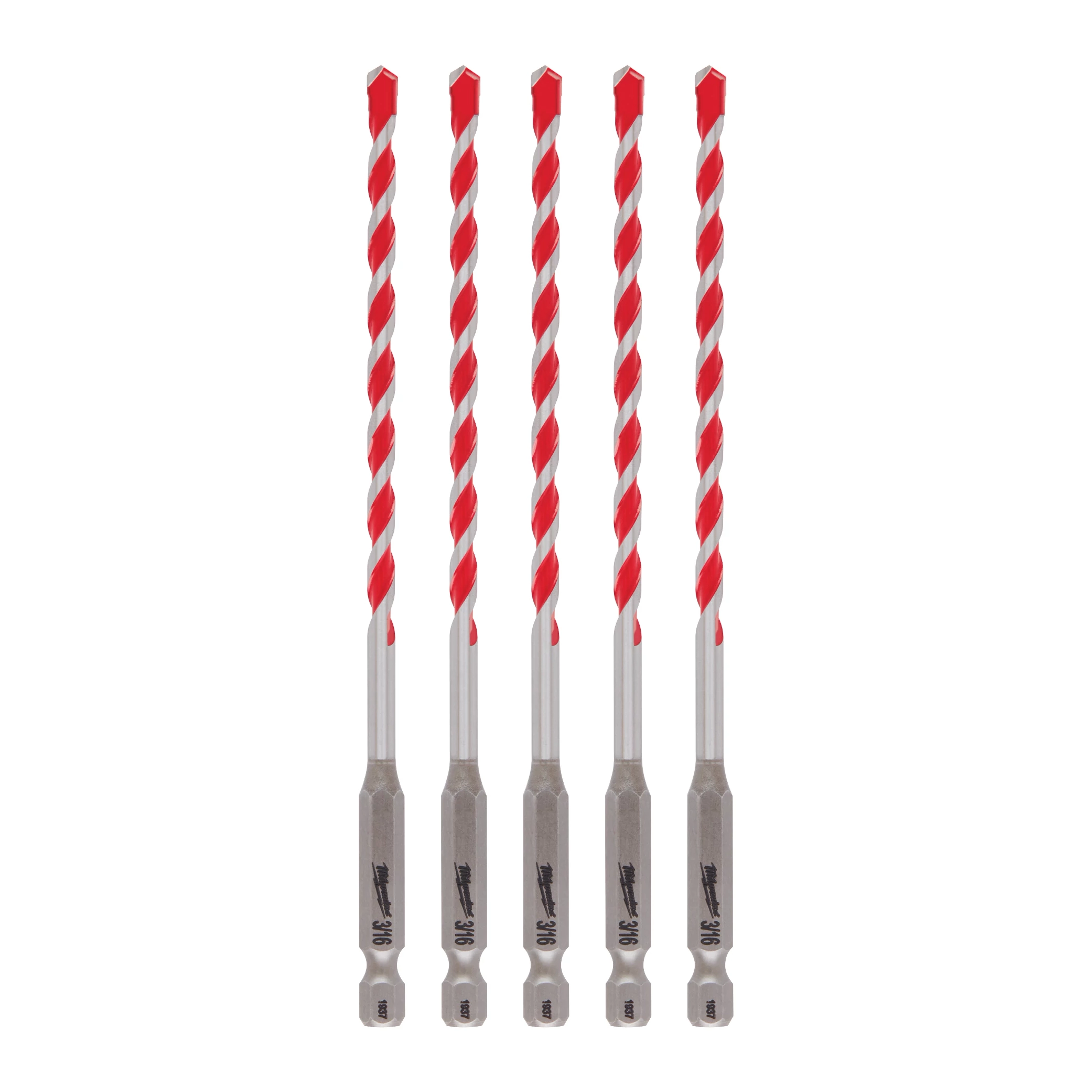 Shockwave Carbide Hammer Drill Bit, 5pc. set 3/16", features five red-tipped, spiral carbide drill bits aligned vertically.