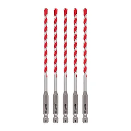 Shockwave Carbide Hammer Drill Bit, 5pc. set 3/16", features five red-tipped, spiral carbide drill bits aligned vertically.