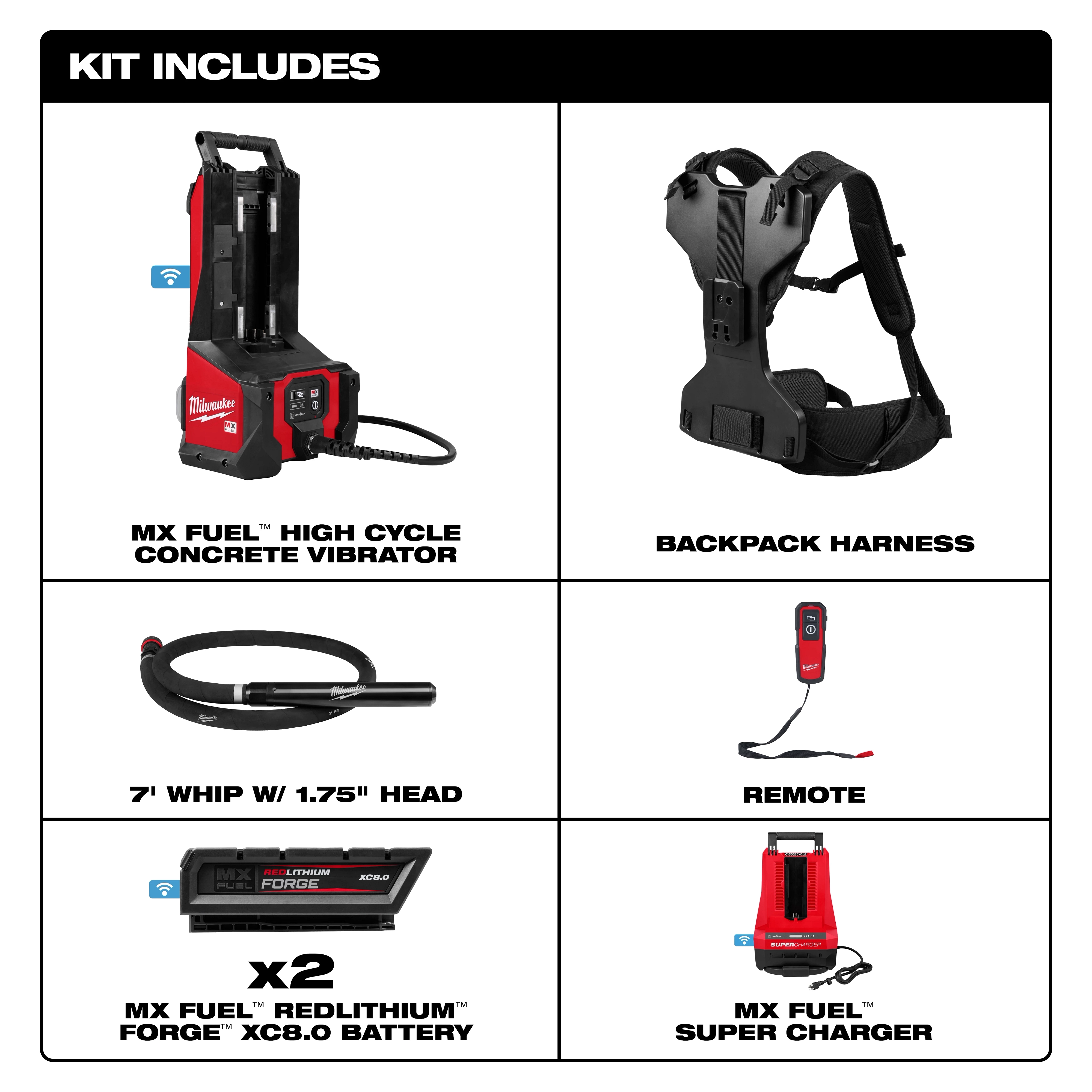 MX FUEL™ Backpack High Cycle Concrete Vibrator Kit w/ 7' Whip / 1.75" Head