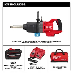 A kit that includes an M18 FUEL™ 1" D-Handle Ext. Anvil High Torque Impact Wrench w/ ONE-KEY™, two M18™ REDLITHIUM™ FORGE™ HD12.0 batteries, an M18™ & M12™ rapid charger, and a Milwaukee-branded contractor bag.