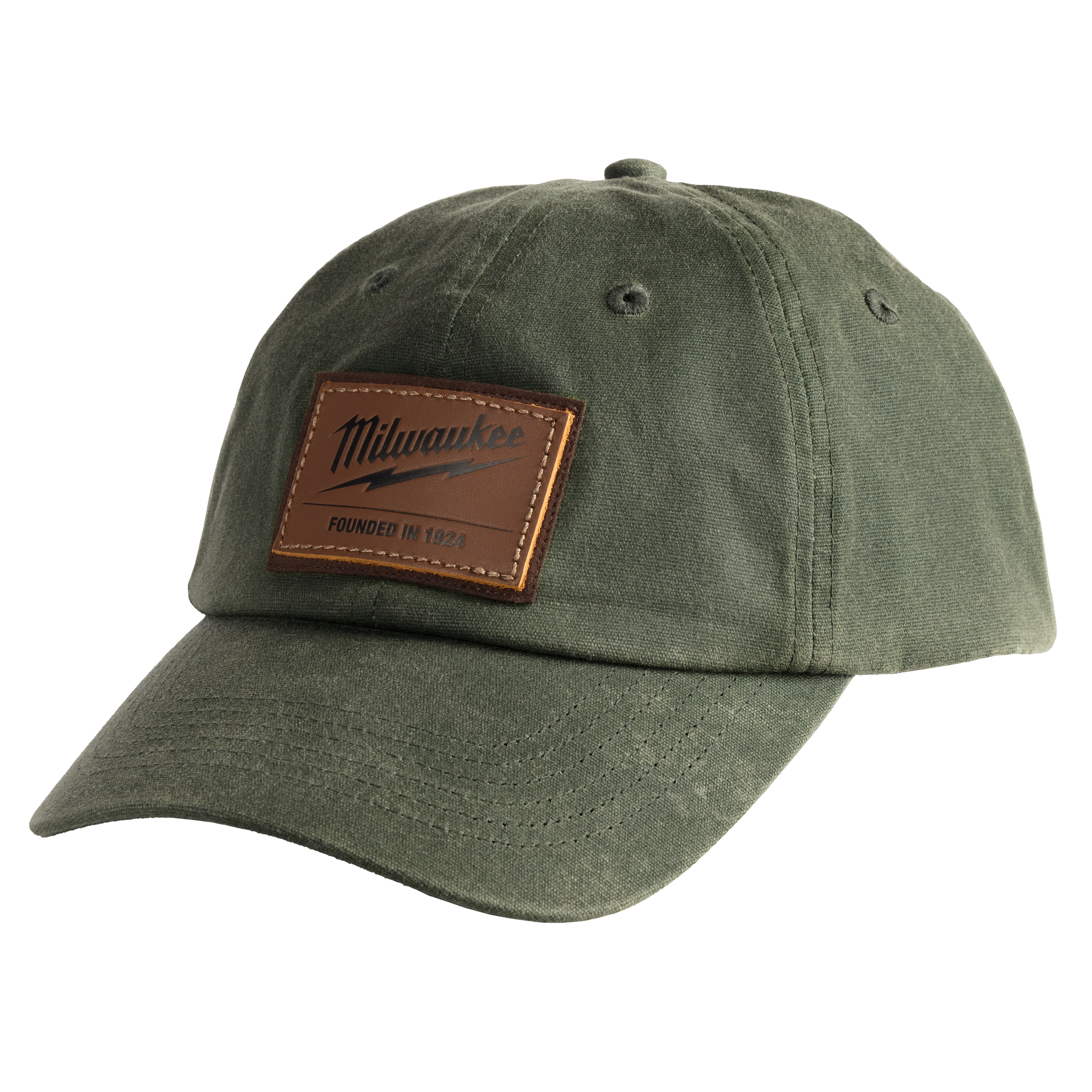 Waxed Canvas Adjustable Hat in green with a brown rectangular patch displaying "Founded in 1924" and a stylized signature logo.
