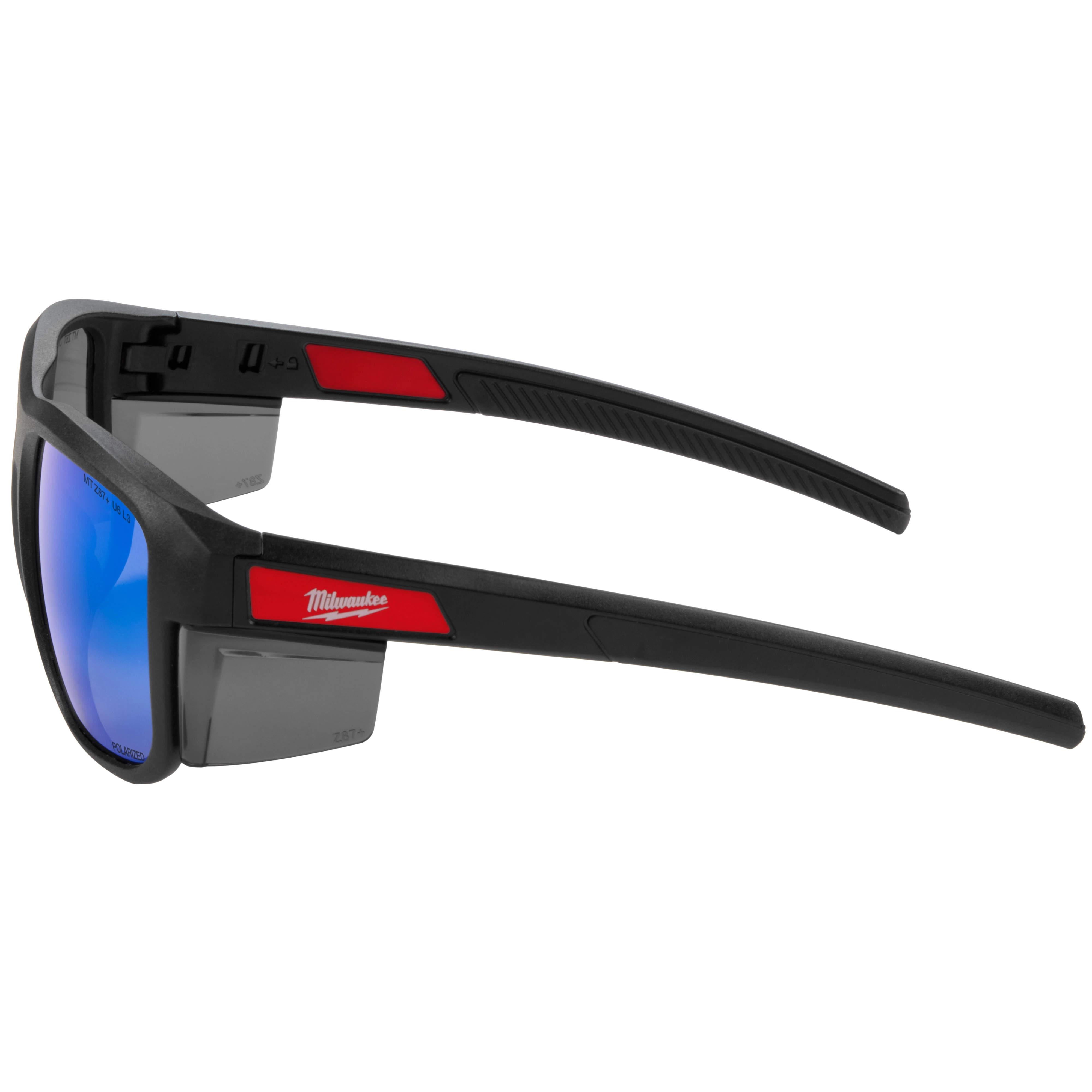 Polarized Full Frame Safety Glasses with Removable Side Shields feature blue mirrored dual coat lenses. The glasses have black frames with red accents and branding on the sides. Removable gray side shields are attached to the frames for added protection.