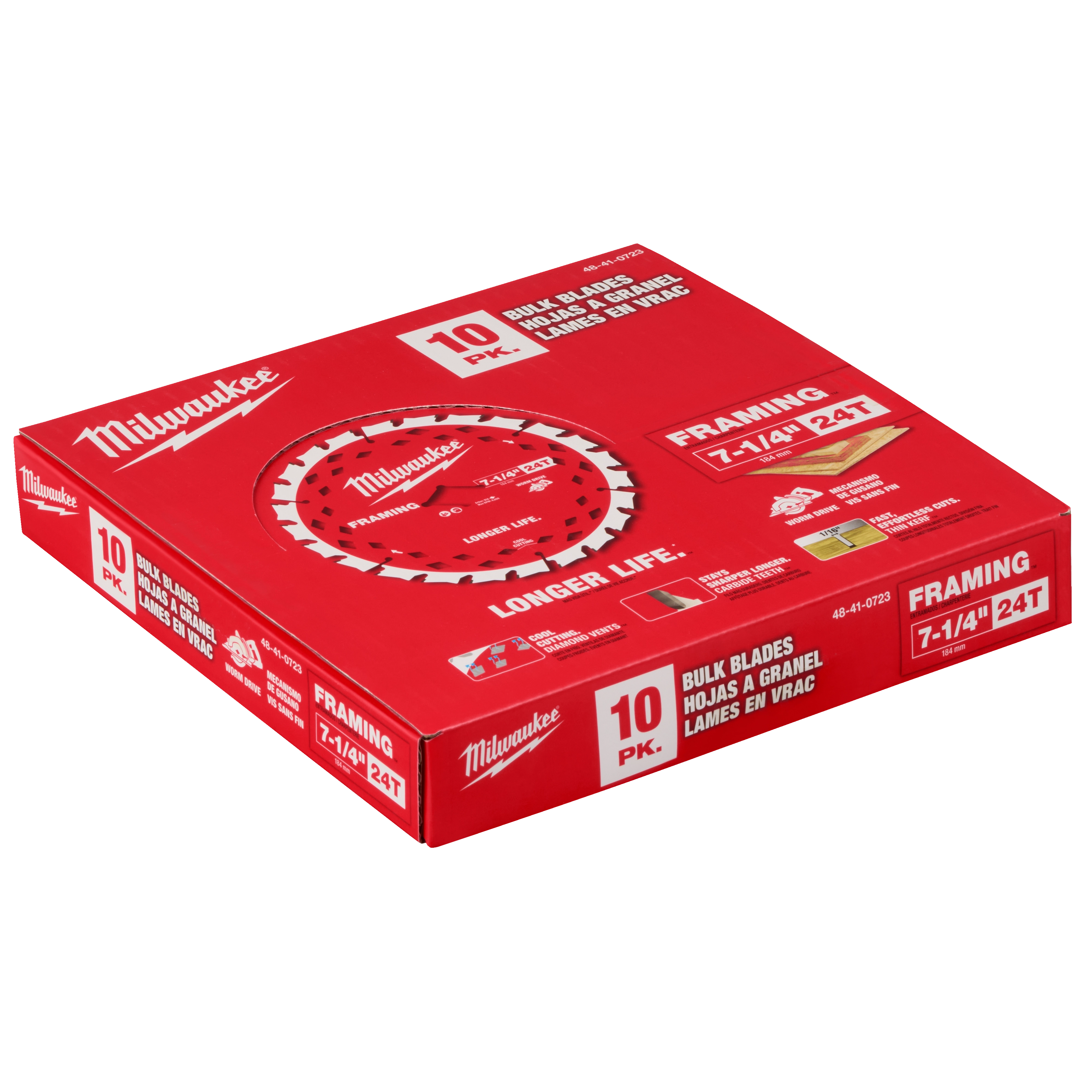 Red packaging box of 7-1/4" 24T Worm Drive Framing Circular Saw Blades Bulk 10 pack, featuring framing blades for longer life.