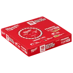 Red packaging box of 7-1/4" 24T Worm Drive Framing Circular Saw Blades Bulk 10 pack, featuring framing blades for longer life.