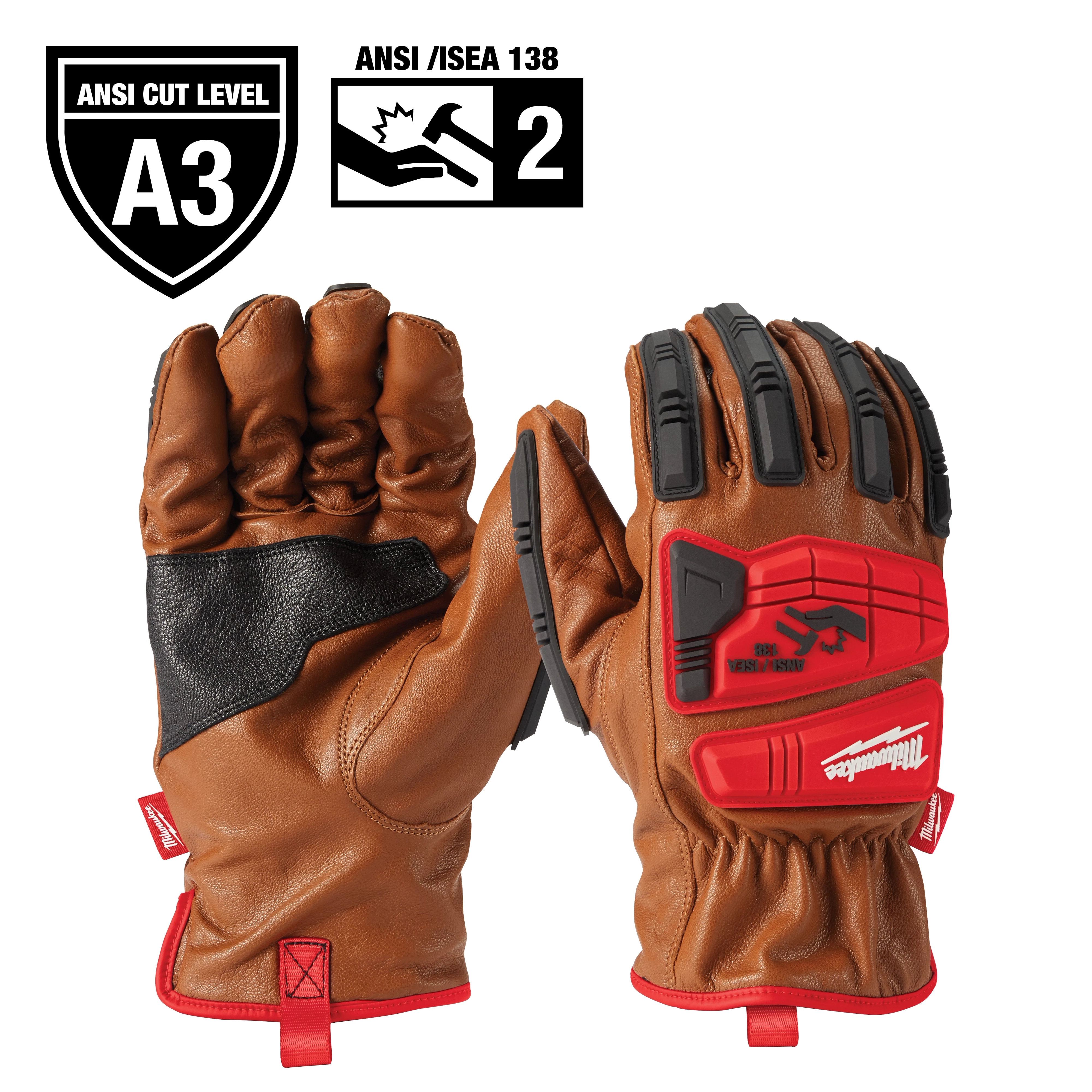 Milwaukee work gloves featuring brown leather, black knuckle padding, red protective patches, and ANSI Cut Level A3 and ANSI/ISEA 138 protection.