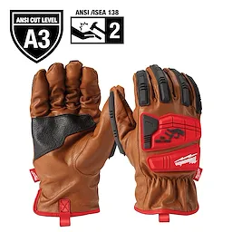 Milwaukee work gloves featuring brown leather, black knuckle padding, red protective patches, and ANSI Cut Level A3 and ANSI/ISEA 138 protection.