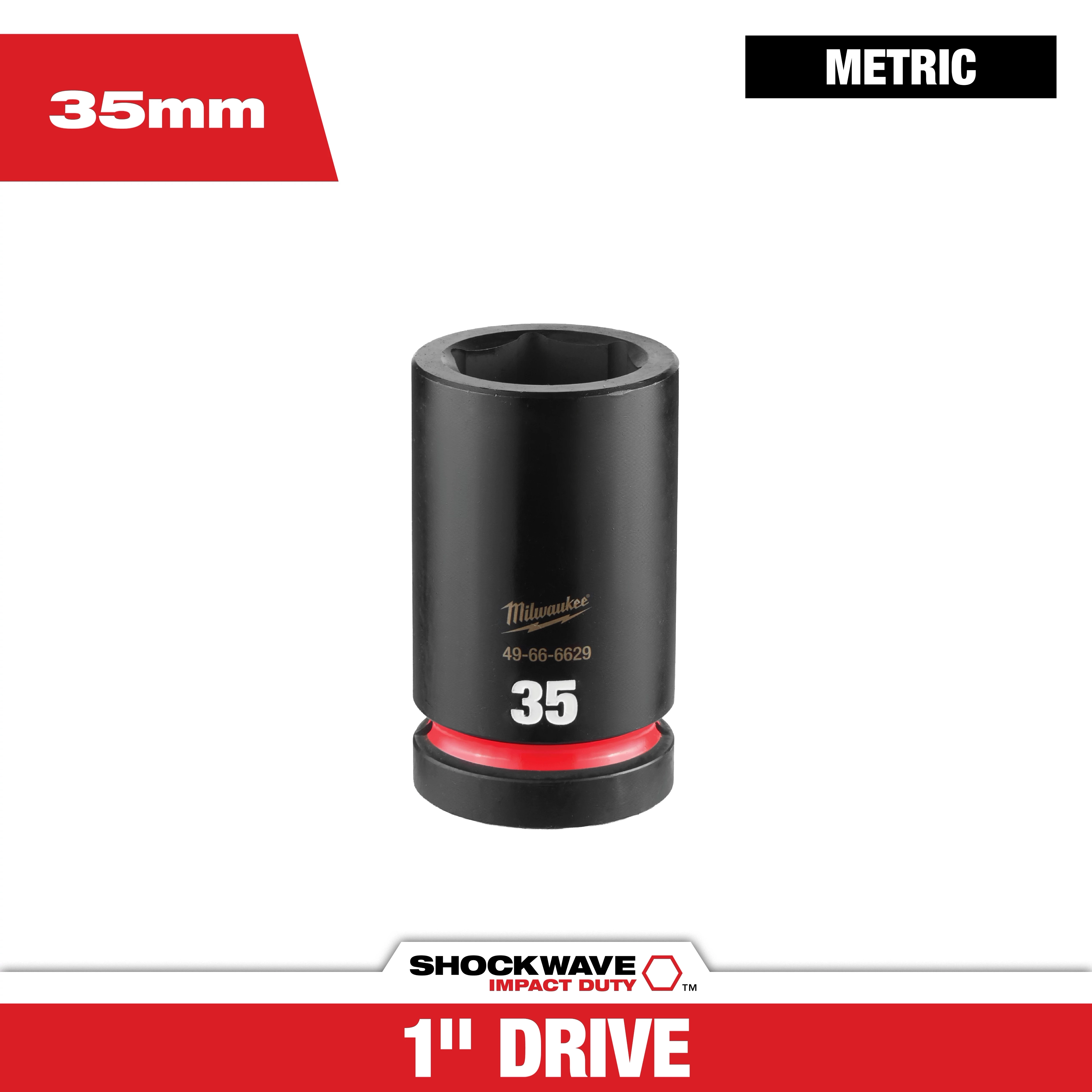 SHOCKWAVE Impact Duty 1" Drive 35MM Deep 6 Point Socket standing upright with 35mm and metric labels.